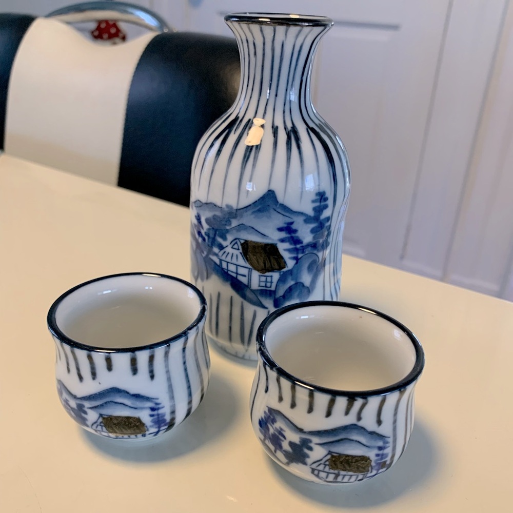 Made in Japan vintage Sake set gift blue white